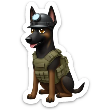 Dark Belgian malinois, tactical vest, tactical helmet, goggles sticker