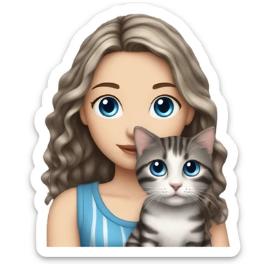 A White girl with long wavy brown hair and blue eyes holds a small gray with black stripes kitten sticker
