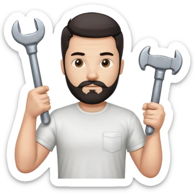  guy who looks very handsome, he has a dark beard, wears a white tee shirt and holds a wrench in one hand and a black hammer in the other hand sticker