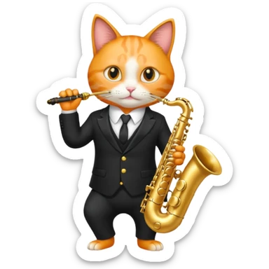 orange cat play gold saxophone, wear black suit sticker