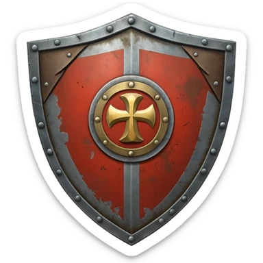 a battle worn steel shield with engraved roman numerals XXX, the roman numerals should be prominent and in the center of the shield sticker