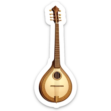 Bouzouki – Cinematic Realistic Bouzouki, depicted as a beautifully crafted Greek string instrument with a long neck and ornate fretwork, its polished wooden body reflecting warm golden light, set on a rustic background with soft shadows that evoke traditional Mediterranean music. sticker