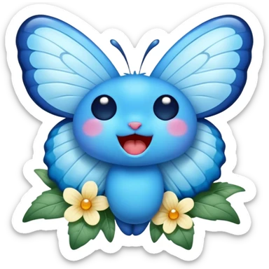 Cinematic Realistic Cute Yawning Blue Butterfly Portrait Emoji, Head tilted slightly with a dramatic, wide-open yawn, showcasing soft, downy sapphire wings with delicate, natural droop and half-closed, drowsy eyes rendered in exquisite detail, high shine, relaxed yet expressive, styled with a dash of subtle garden charm, soft glowing outline, capturing the essence of a sleepy yet affectionate blue butterfly that appears ready to rest its wings in quiet, enchanted slumber! sticker
