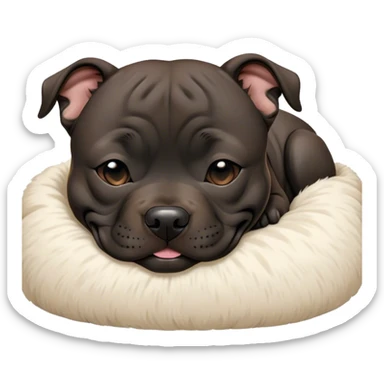Meme-Worthy Cute Sleeping Black/Brindle Staffordshire Bull Terrier Portrait Emoji, Head resting peacefully with a contented smile, showcasing a delightfully compact build and a luxuriously soft Fur with an attractive black and brindle blend, eyes shut in a serene nap, Simplified yet hilariously adorable features, highly detailed, glowing with a soft, drowsy light, high shine, relaxed and utterly lovable, stylized with an air of playful laziness, bright and heartwarming, soft glowing outline, capturing the essence of a comically sleepy guardian, so meme-worthy it feels like it could instantly become the next viral sensation of adorable slumber! sticker