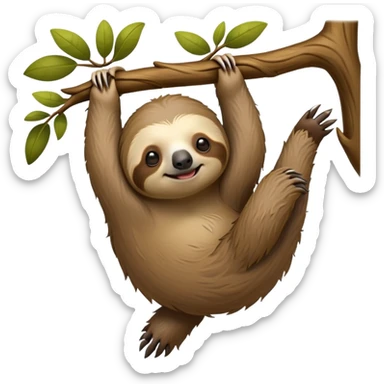 cinematic-sloth-realistic-full-body-hanging-emoji,-long-curved-claws-clinging-to-a-tree,-thick-shaggy-brown-fur-slightly-ruffled,-head-tilted-dramatically,-slow-blinking-eyes-filled-with-serene-wisdom,-simplified-yet-realistic-focused-features,-highly-detailed,-glowing-with-an-almost-sarcastic-glow sticker