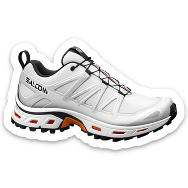 Ultra minimalist white Salomon XT-6 shoes, extremely simplified iOS emoji style, one behind the other, flat colors, very basic lines, essential details only, clean design sticker