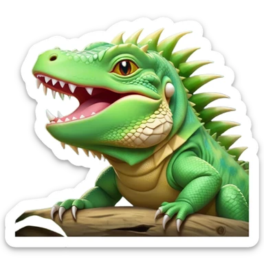 Cinematic Cute Yawning Iguana Portrait Emoji, Head tilted slightly with a dramatic, wide-open yawn, showcasing a sturdy, scaled body with a softly drooping spiky crest and sleepy, half-closed eyes, Simplified yet irresistibly adorable features, highly detailed, glowing with a soft, cozy jungle glow, high shine, relaxed yet expressive, stylized with a dash of whimsical charm, soft glowing outline, capturing the essence of a drowsy yet affectionate iguana that appears ready to stretch out for a nap! sticker