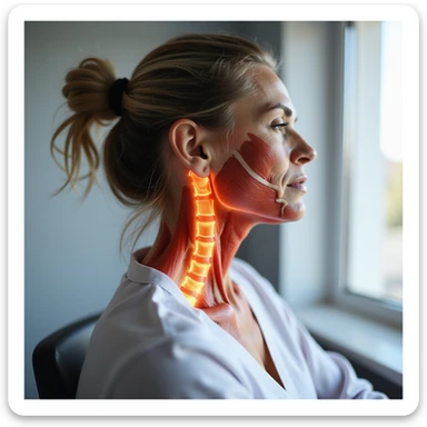 realistic anatomical three-quarter view of a woman with cervical muscle contractures, expression of pain, clinical environment sticker