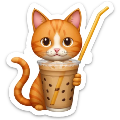 Gato naranja tomando café frio con un popote sticker