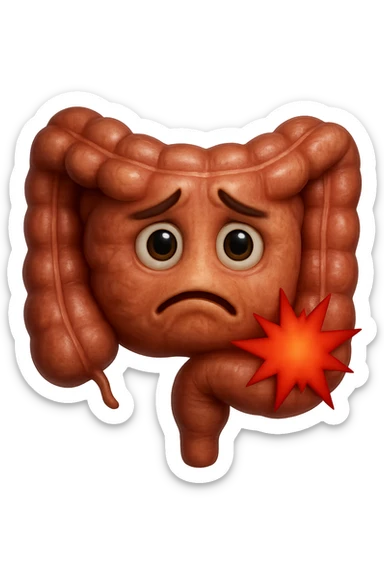 emoji stile iphone di un intestino con mal di pancia, espressione preoccupata, iperrealistica  sticker