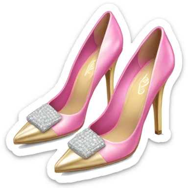 Realistic isolated top view of a pair of metallic light gold and metallic light bubblegum pink pointed toe high heel shoes with diamonds on the top of the toes. sticker