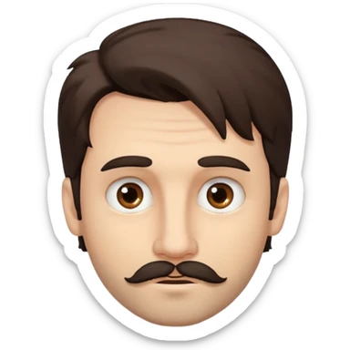 Handsome white man with big brown eyes long nose and dark brown messy hair cover his forhead and hair coming in eyes very small beard and moustache sticker