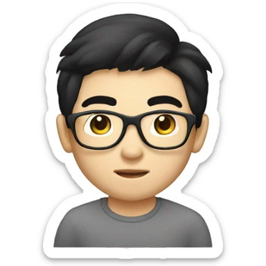 A young Chinese man with black hair, long hair, and a center cut. He has black framed glasses, small eyes, big nostrils, and a round face. He is working with a laptop in front of him sticker