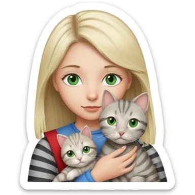 Blonde girl with blue eyes cuddling with light grey tabby cat with dark grey stripes and green eyes sticker
