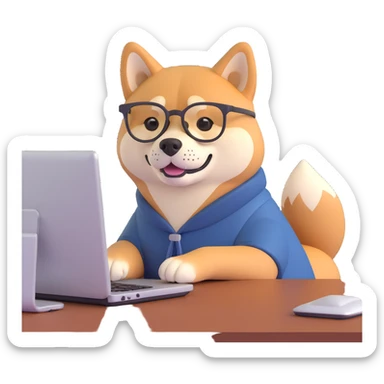 shiba inu with eye glasses and computer sticker