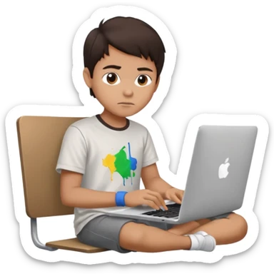 boy working in Macbook, he is graphic designer and paint artist, he seats facing me, and hair dark brown color sticker