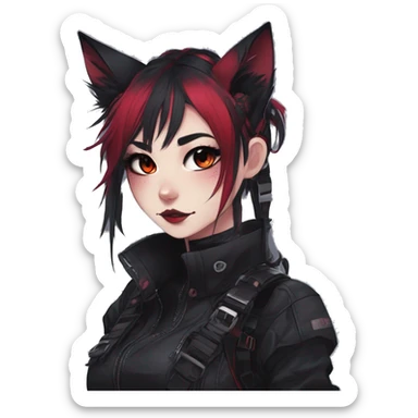 Gorgeous gothic dark techwear anime style anthro cat furry sona with blushing face aesthetic and pretty edgy black red punk messy ponytail hair with collar and harness trending style sticker