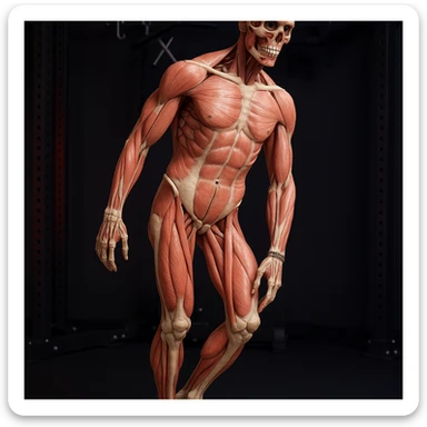 Hyperrealistic anatomical view of the same pose: tilted pelvis, valgus knee, pronated foot, with detailed visible bones and muscles, gym environment, 4K quality. Variant 6: view slightly rotated by 30 degrees. sticker