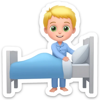 Use the same 3 year old blonde boy with green-blueish eyes as before  happy with plain blue pajamas making his bed sticker