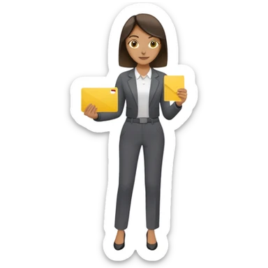 Woman in dark grey trousers holding a yellow card in one hand sticker