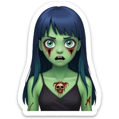 faça uma garota na forma de zumbi com a pele verde, assustada e com os olhos azuis, com o cabelo bem preto com franja e longo e a roupa decotada preta sticker