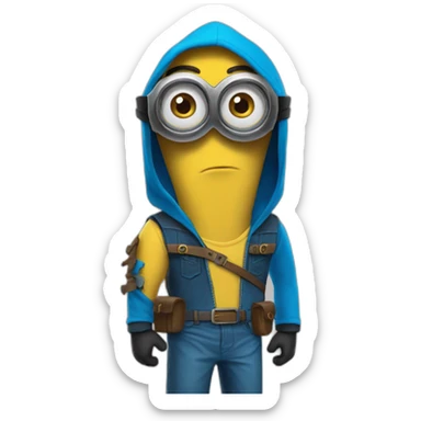 minion blue hood blue shirt gray pants with gold insert belt leather shoes black mask three stripes claw marks glasses angry glance sticker