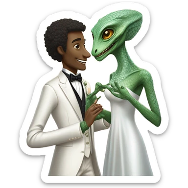 Alien reprilian woman in wedding dress and one humman man in a tuxedo holding hands getting married sticker