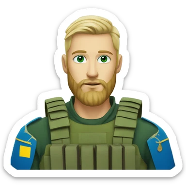 ukrainian military blonde man with a beard with green eyes with blue viking paint on the face  sticker