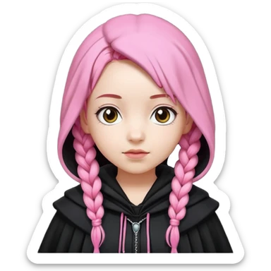 pink braids hair kid girl, white skin, wear black cloak sticker