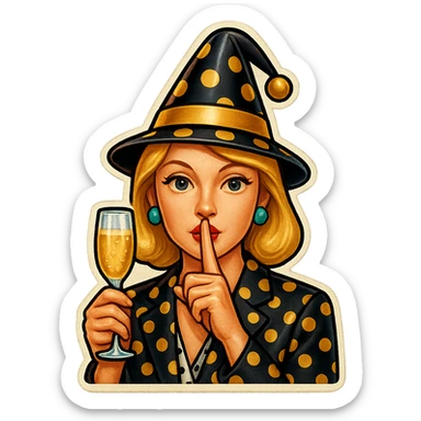 Add a finger in front of the pursed lips to clearly show the shushing gesture, keeping the polka dot party hat and celebratory mood, no background. sticker