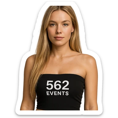 realistic woman with long blonde hair, wearing a black tube top labeled '562 Events' sticker