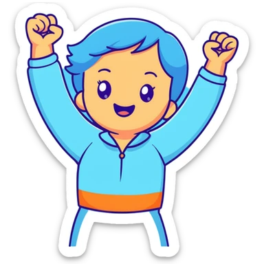 girl wearing pastel blue clothes with arms raised in joy making a hurray celebration gesture sticker