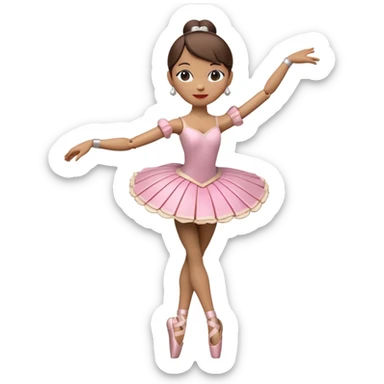 3D render of Ballerina Puppet as a wooden marionette puppet, Wood joints at knees, dancing pose, silver metal screw joints at elbows and knees, polished brown wood texture, rigid toy pose, Apple emoji style, isolated on white background --v 6.0. sticker
