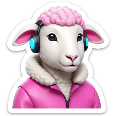 Sheep character with minimalist features and a distinctive high-tech earpiece that wraps around one ear. The earpiece should be sleek, futuristic and glowing in vibrant pink that contrasts with the sheep's clean white body. The sheep has a trendy asymmetrical wool haircut with one side featuring an undercut style. The sheep wears fashion-forward, colored clothing - perhaps a color-blocked jacket in bold hues or a stylish oversized sweater in a trendy shade. Simple, bold shapes with minimal details but with a confident, slightly smirking expression that gives off a true trendsetter vibe - like this sheep is always ahead of the curve and knows it. sticker