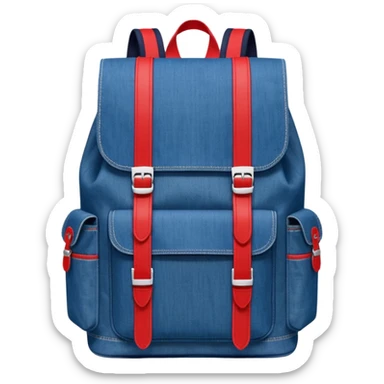 Minimalist emoji-style icon of a stylish blue denim backpack with a flap top, two vertical black buckle straps, a large red-white-navy horizontal block in the center, and two zipper side pockets. Inspired by Tommy Jeans design. Front view, cartoon-like, clean design.

 sticker