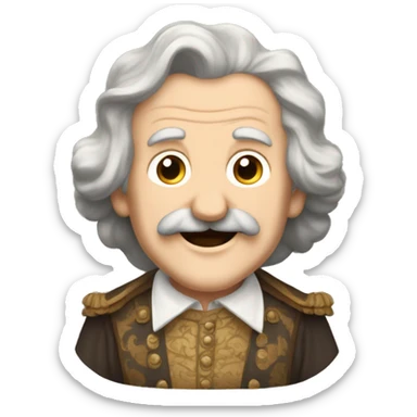 Short pudgy old man over enthusiastic happy excited face bald forehead long wavy gray and brown brunette long wavy hair moustache Shakespearean dress vintage clothes hamlet small arms sticker