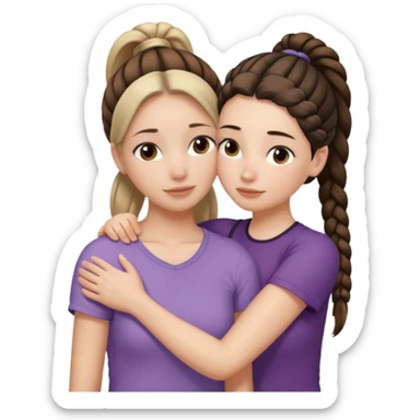 Comforting Hug two white skin women, one shorter woman with medium brown simple top ponytail, not braided, and one taller woman with a single long black side braid sticker