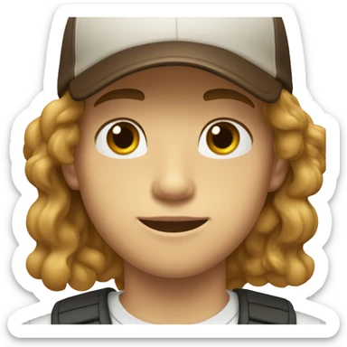 Teenager boy type italian, White skin, with baseball cap backwards with long wavy brown hair (Which go down behind to the nape of the neck), Little bit dezoom sticker