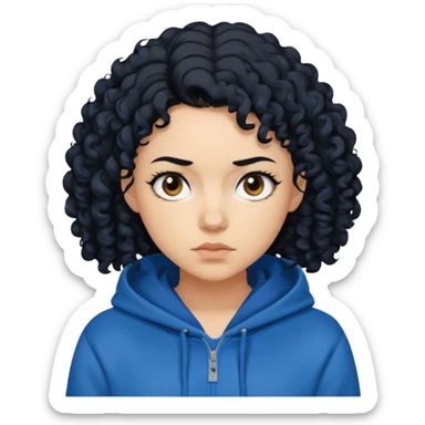 A woman with curly black hair, wearing a blue-black hoodie, and a slightly serious expression on her face. sticker