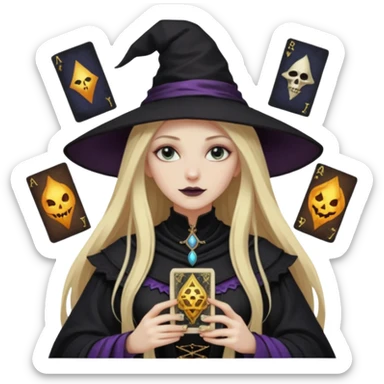 dark witch girl with long blonde hair and Tarot cards sticker