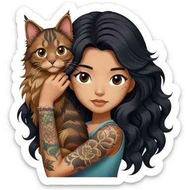 a Chinese girl with long black  Big waves and long hair and tattoos and brown Maine coon sticker
