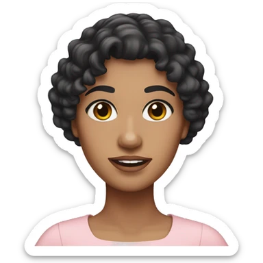 White woman with long black curly hair and bangs and dark brown eyes, wearing a pastel pink dress sticker
