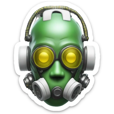 Green skin cyborg head with dark yellow Mohawk, white respirator mask and circuitry sticker
