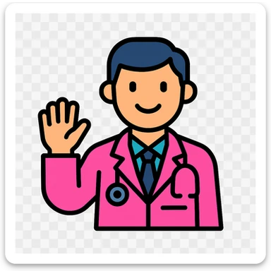 a doctor in a pink lab coat, waving, minimal style, white background sticker