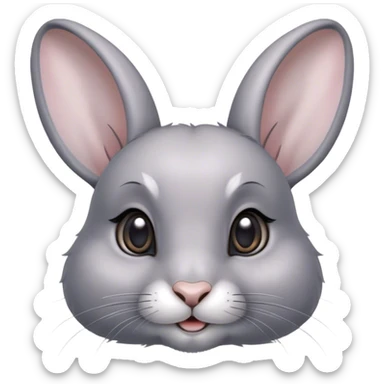 Cinematic Cute Grey Rabbit Portrait Emoji, Head tilted playfully and inquisitively, featuring a silky, smooth grey fur with soft, velvety textures, round, sparkling grey eyes filled with curiosity, Simplified yet irresistibly adorable features, highly detailed, glowing with a warm, friendly glow, high shine, affectionate and gentle, stylized with a touch of whimsy, bright and endearing, soft glowing outline, capturing the essence of a mischievous yet loving bunny, so playful it feels like it could hop out of the screen and into your arms! sticker