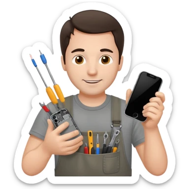make a white guy with dark brown hair, with a simple white o grey shirt, repairing an iphone happy, tecnician with small tools for phone sticker