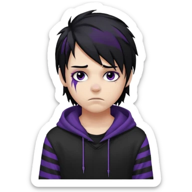 emo teen boy with long one-side messy black hair, dark hoodie with white and purple striped sleeves, piercings on his nose, dark eyeshadow sticker