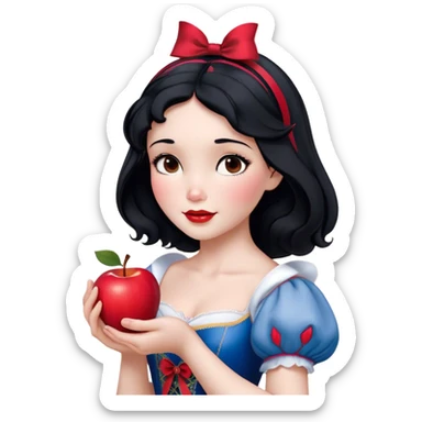 Cinematic Realistic Snow White Portrait, depicted with lifelike skin texture, soft natural lighting, and intricately detailed black hair styled with a red ribbon. Her soft brown eyes radiate innocence and kindness, complemented by a warm, gentle smile. She holds an apple in one hand, her other hand resting against her cheek, embodying her purity and charm. She is dressed in her classic yellow, blue, and red gown, the fabric rich in texture with delicate folds that catch the light beautifully. The portrait features a soft, natural glow with a radiant finish, capturing the essence of timeless beauty in a realistic and painterly style. sticker