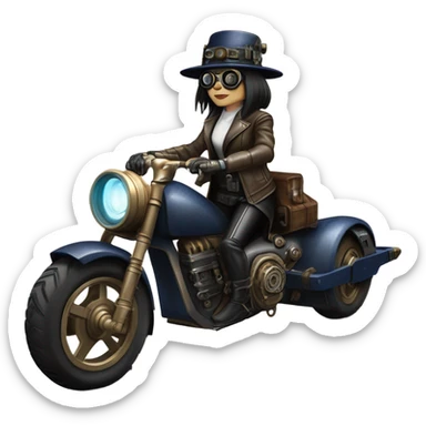 Bounty hunter Wednesday Addams Jedi wearing a pair of navy-blue rimmed steampunk goggles, hat, leather chaps, fringe jacket riding a relaxed distressed 1932 sci-fi 3 wheeled steampunk electric motorcycle with large fenders and saddlebags in desert town  sticker