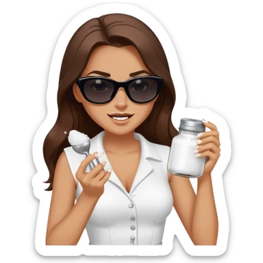 sassy woman with long brown hair and dark sunglasses holding a salt shaker filled with white table salt. She is shaking and sprinkling the salt. She is smirking.  sticker